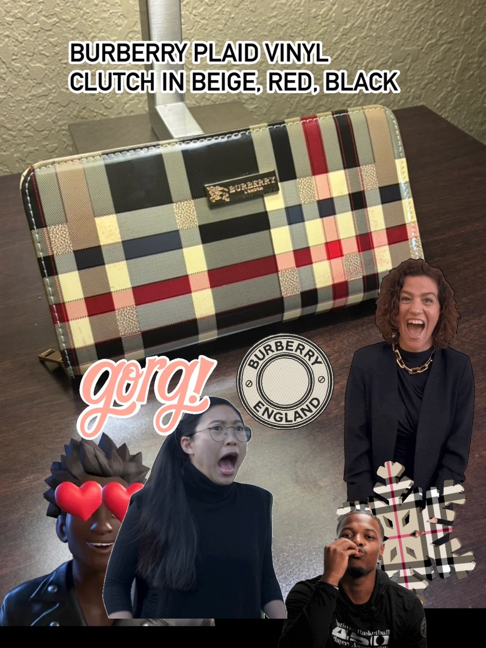 Burberry Beige, Red & Black Plaid Vinyl Zip Clutch